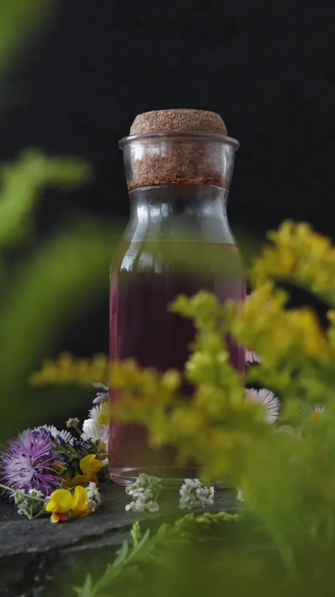 Vertical shot of camera pulling back from a herbal syrup bottle with black .. 스톡 동영상 344322453