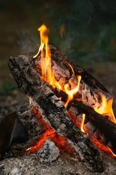 Vertical Shot of Campfire Flames and Glowing Wood Stock Photos