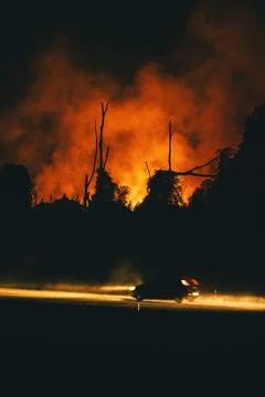 Vertical shot of a car driving down a dark highway at night with a raging f.. Stock Photos
