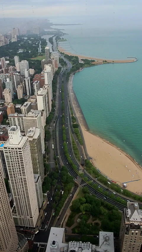 Vertical shot of Chicago's beach from above Stock Footage 279766322