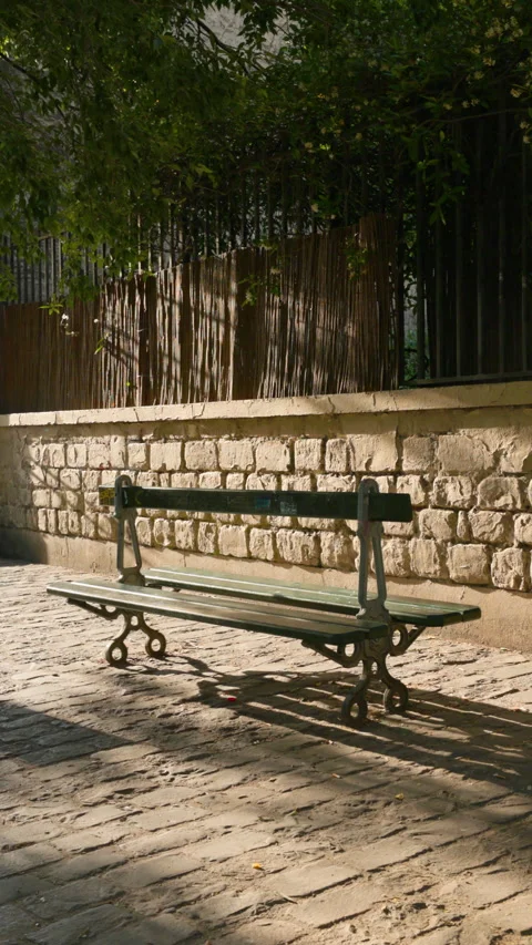 Vertical shot of a classic empty green park bench on a cobblestone pavement next Stock Footage 337414479