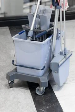 Vertical shot of Cleaning Tool Set .  cleaning kit on a trolley  .  commerc.. Stock Photos