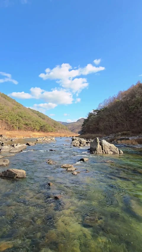 Vertical Shot of Clear River Flowing Through Rocky Valley in South Korea (9:16) Stock Footage 330628040