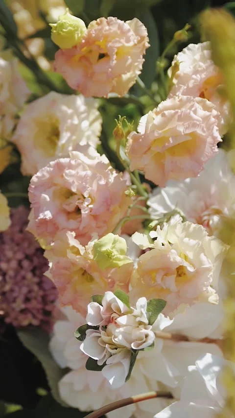Vertical shot. Close-up of wedding arch decorated with flowers, wedding Stock Footage 307922236