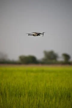Vertical shot of a drone flying over a green field against blurry background Stock Photos