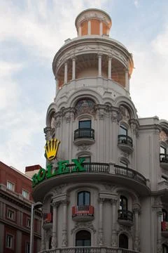 Vertical shot of Edificio Grassy building on Gran via street. Madrid, Spain. Stock Photos
