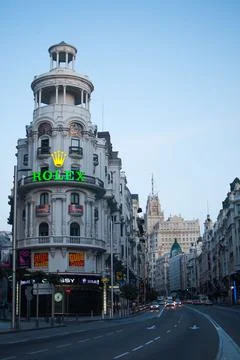 Vertical shot of Edificio Grassy building on Gran via street. Madrid, Spain. Stock Photos
