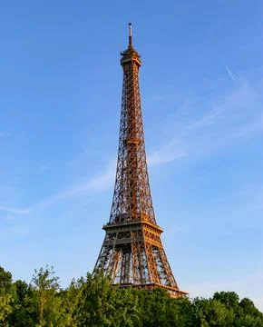 Vertical shot of the Eifel Tower in Paris, France surrounded by green trees unde Foto stock