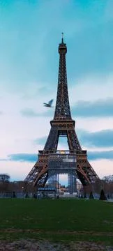 Vertical shot of the Eiffel tower against a green lawn on a cloudy day in Paris, Fotos de archivo