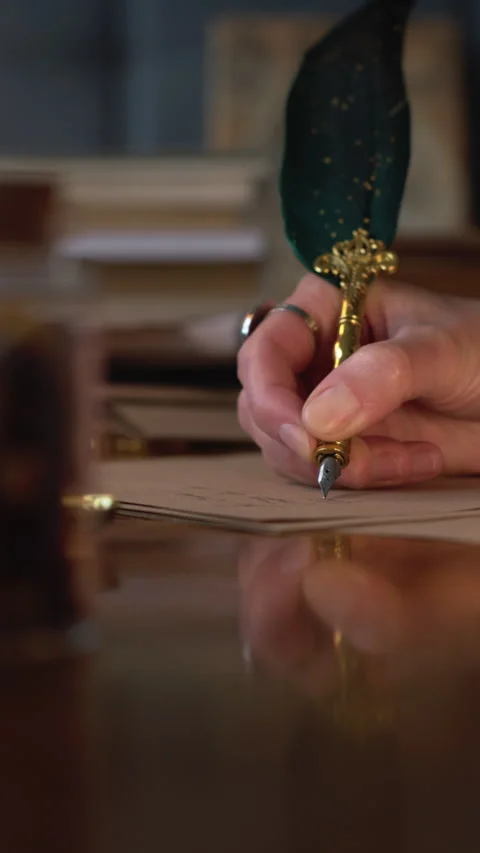 Vertical shot. Elegant hands writing with a quill pen on old paper. Woman Stock Footage 313424431