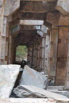A vertical shot of elements of historical monuments at Mahabalipuram in Tamil Stock Photos