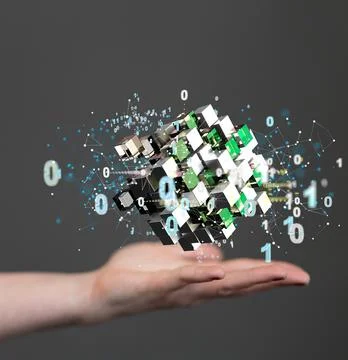 Vertical shot of floating 3D cloud storage icon above hands 写真素材