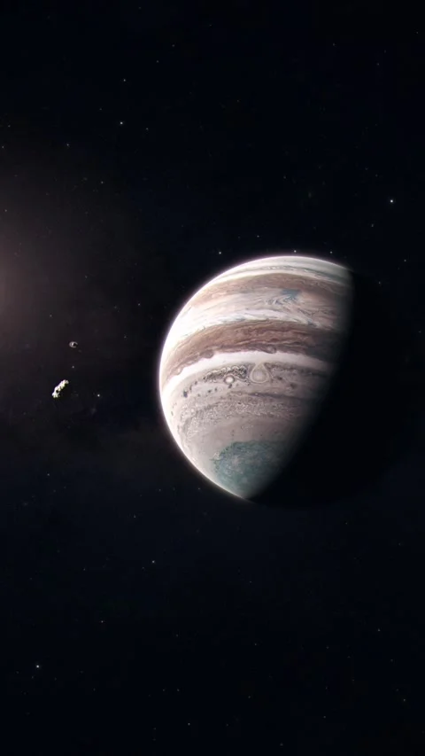 Vertical Shot of the Gas Giant Jupiter with an Asteroid Approaching Before Stock Footage 291022650