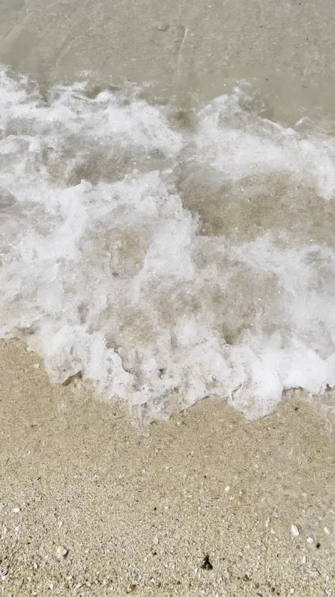 Vertical Shot of Gentle Ocean Waves Washing Over Sandy Beach Stock Footage 338370515