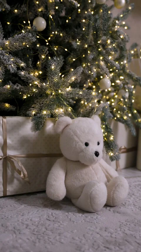 Vertical shot of gift box and teddy bear with smooth camera movement Stock Footage 323224120