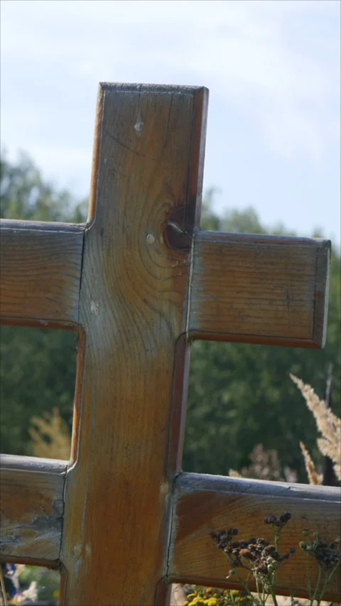 Vertical Shot of Graveyard Cross. Vertical. Stock Footage 283494042