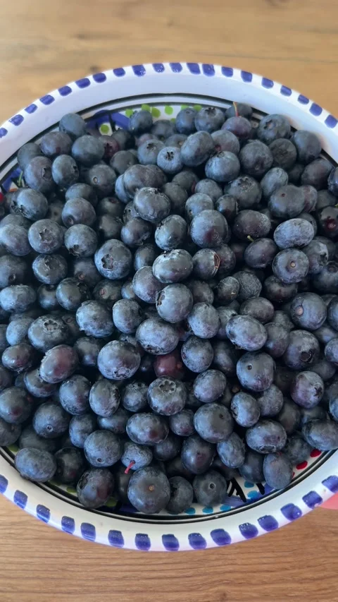 Vertical shot of hand serving full bowl of fresh sweet blueberries on table Vídeos de archivo 346494321
