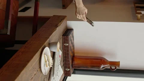 Vertical shot hands make mobile photo video dessert and coffee on wooden table Stock Footage 218236610