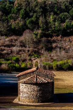 A vertical shot of a hermitage built inside the crater of the extinct Santa M Stock Photos