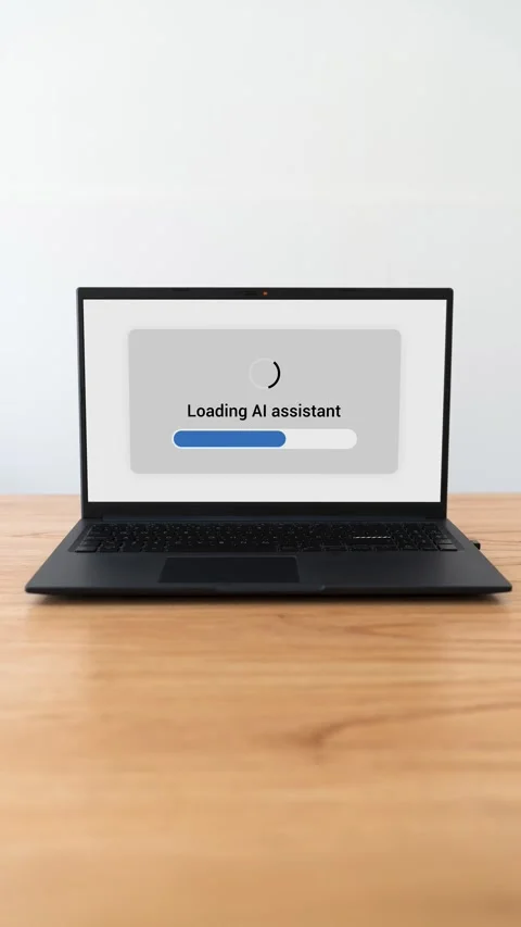 Vertical shot of a laptop loading AI assistant. Concept of using artificial Stock Footage 310334469