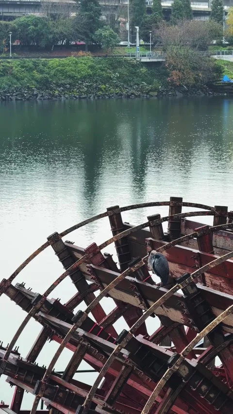Vertical shot of a large, weathered red wooden paddle wheel on an old riverboat Stockbeeldmateriaal 347930172