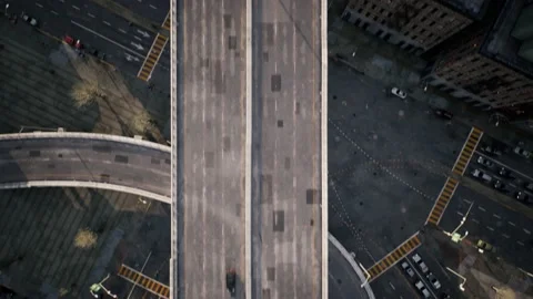 Vertical shot looking down over downtown freeways panning. 3d animation Stock Footage 208946794