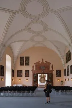 Vertical shot of a male inside the function hall inside the Greinburg Castle in Stock Photos