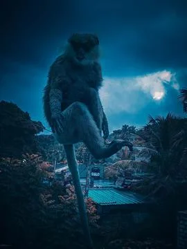 Vertical shot of a monkey sitting on a wire with a background of rooftops in the Stock Photos