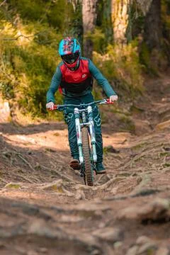 Vertical shot of a mountain biker on a bumpy path surrounded by vegetation in Ch Stock Photos