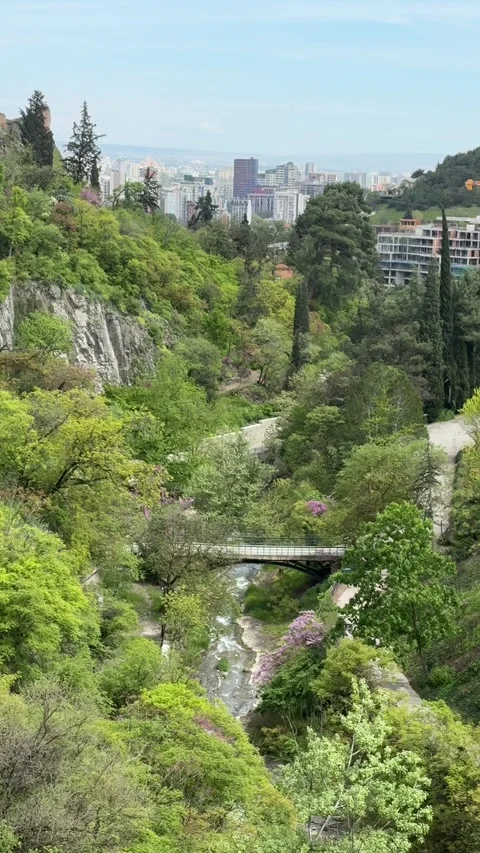 Vertical shot of a mountain stream flowing between large rocks with fresh water Stock Footage 335940120