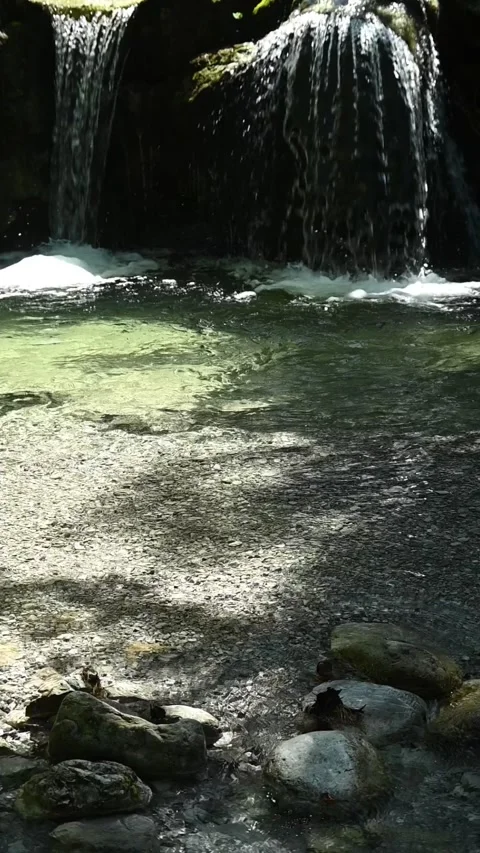 Vertical shot of mountain stream in front of a waterfall in summer, slow motion Video stock 288324544