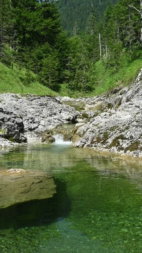Vertical shot of a mountain stream with a small waterfall in summer with a pond Stock-Footage 260876087