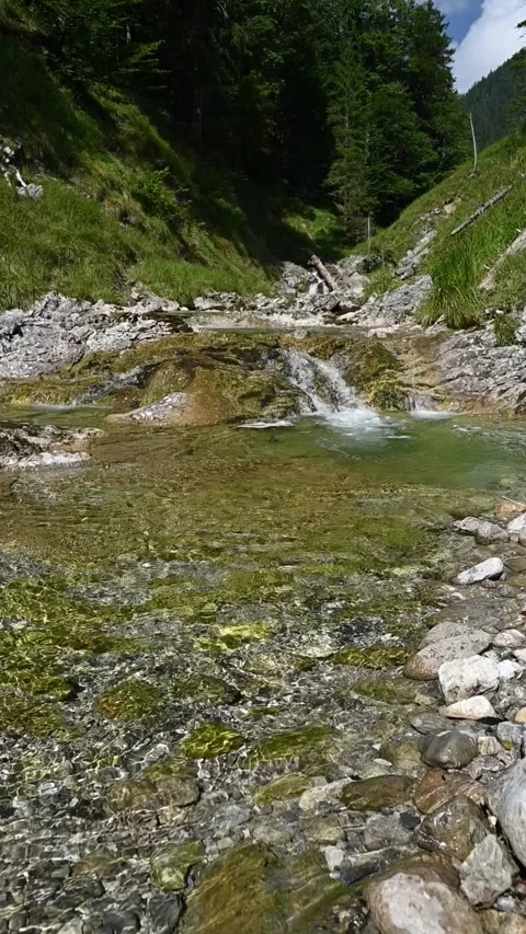 Vertical shot of a mountain stream with sunlight effects, slow motion Video stock 260881549