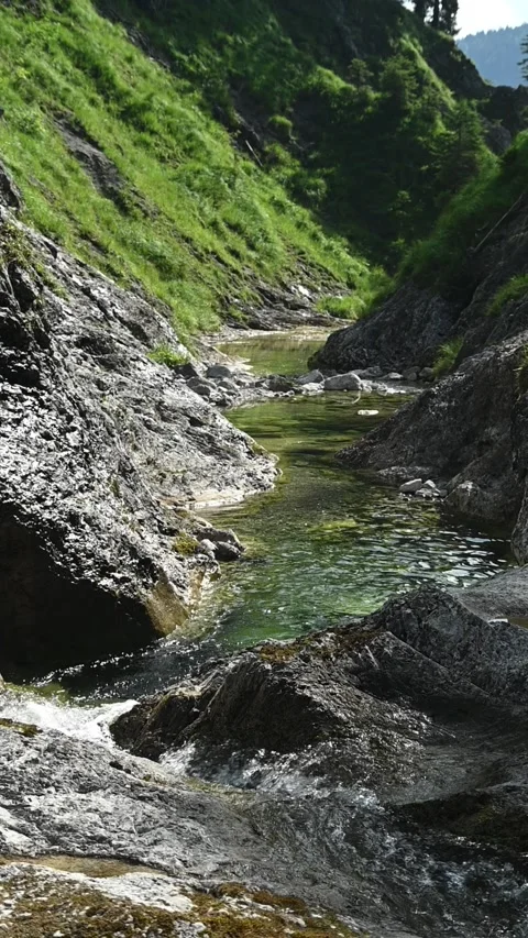 Vertical shot of a mountain stream in a v-shaped valley in summer, slow motion 스톡 동영상 260876550