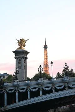 Vertical shot of an old architectural bridge with the top of the illuminated Eif Foto stock