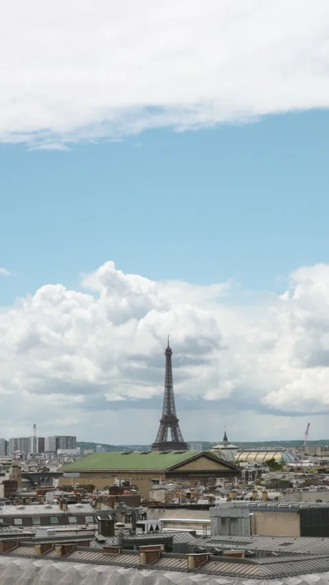 Vertical Shot of Paris Skyline with Eiffel Tower under Large Overcast Sky Stock Footage 337052388