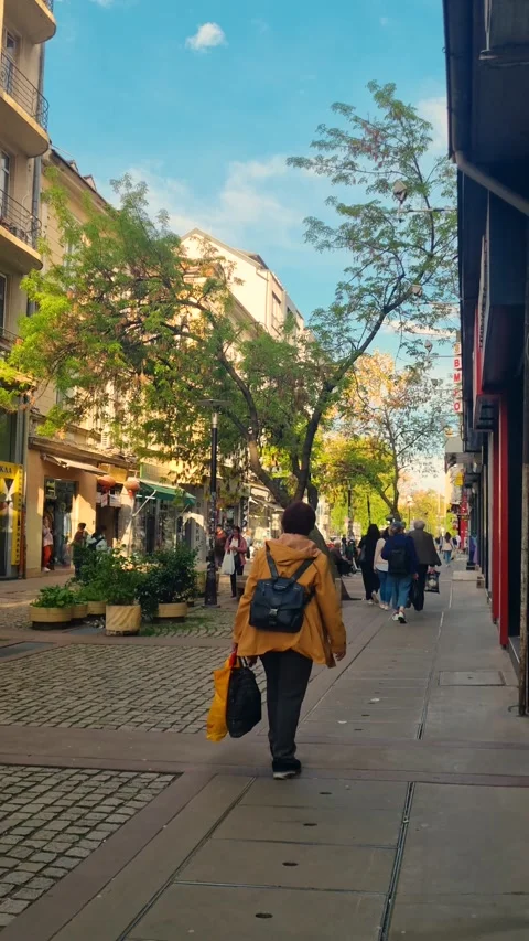 Vertical shot of a pedestrian street in Sofia’s Serdika district, Bulgaria, on Video stock 327767992