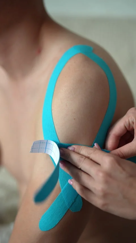 Vertical shot of physical therapist applying kinesio tape to male shoulder for 스톡 동영상 342786385