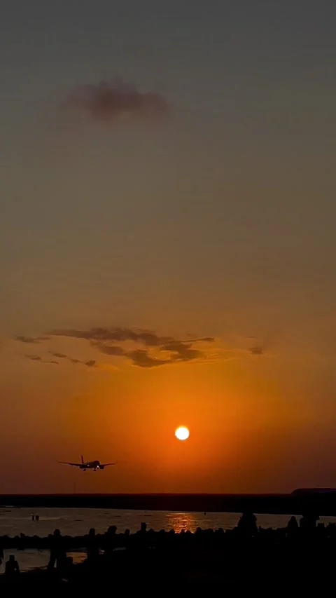Vertical Shot of Plane Landing at Sunset Over Ocean Beach Vídeo Stock 341039002
