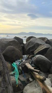 Vertical Shot of Plastic Waste Trapped in Coastal Rocks, Marine Pollution Stockfoto's
