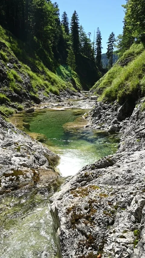 Vertical shot of a pond from a mountain stream with green water and rocks Video stock 260878842