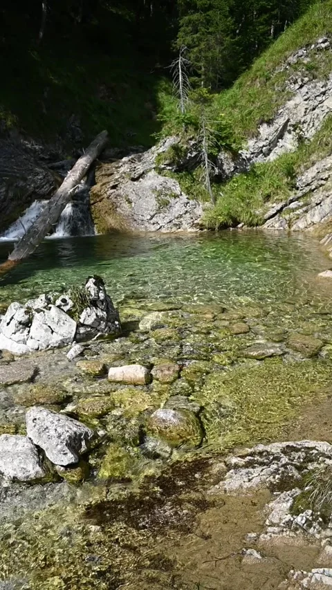 Vertical shot of a pond from a mountain stream with sunlight effects, slow-mo 스톡 동영상 260881722