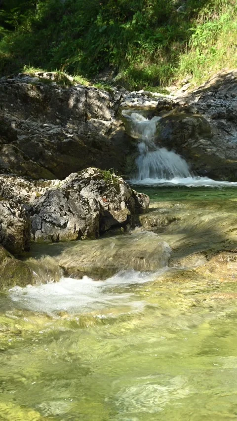 Vertical shot of a pond from a mountain stream in late summer sunlight, slow-mo 스톡 동영상 260883575