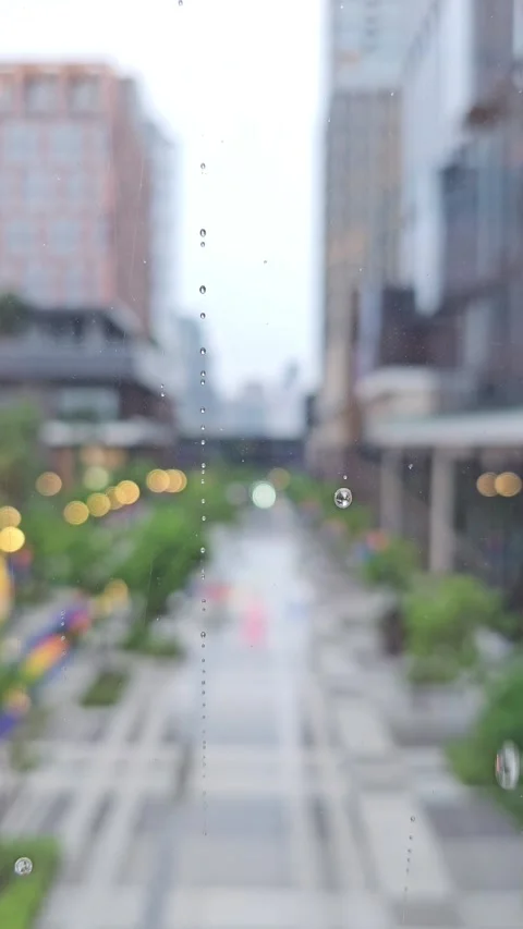 Vertical shot of Raindrops on vertical glass with blurred view of city street Stock Footage 313149028