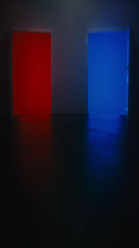 Vertical shot of red and blue doors opening — dramatic choice Stock Footage 321861928