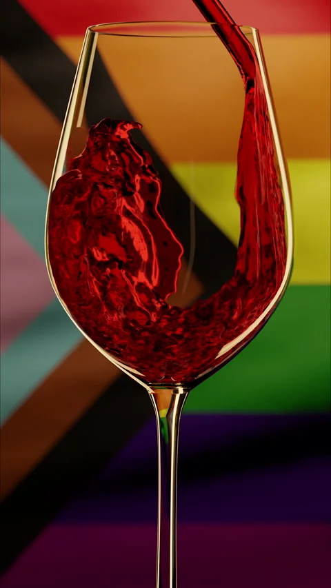 Vertical shot of Red or Rose wine pouring against LGBTQ flag in slow motion Stock Footage 241918914