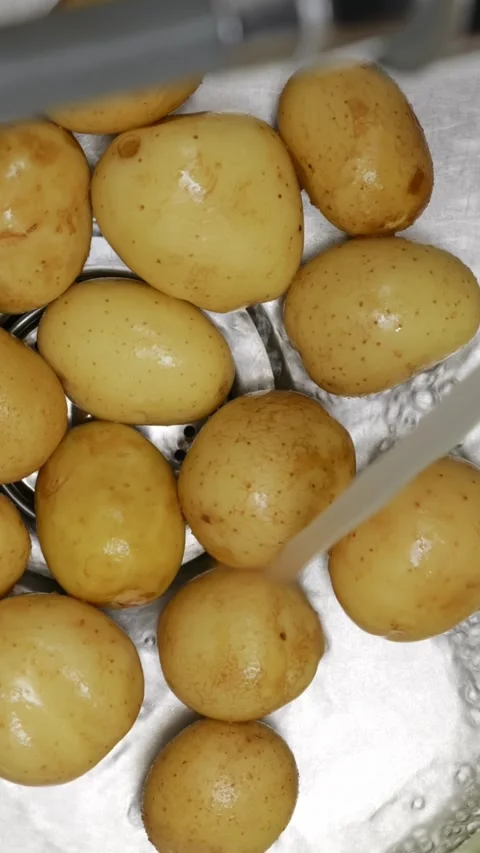 Vertical shot: rinsing a pile of potatoes under water tap Stock Footage 344832385