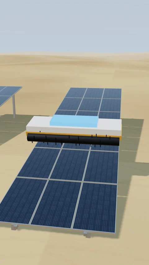 Vertical shot of a robotic cleaner moving along a solar panel row in the desert Stockbeeldmateriaal 340329643