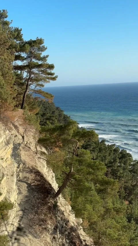 A vertical shot of rocky cliffs rising above the sea surface. A calm view of the Stock Footage 275476011