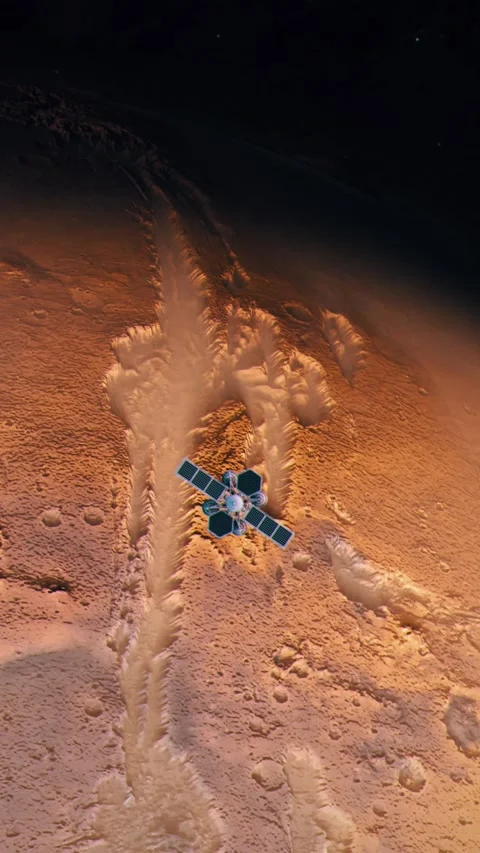 Vertical Shot of a Satellite Orbiting Mars Above Valles Marineris Stock Footage 290886646